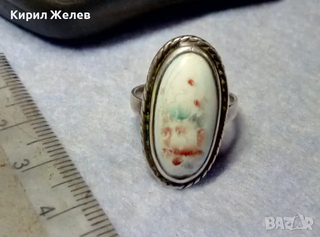 СТАРИНЕН РЕТРО АРТ СРЕБЪРЕН ПРЪСТЕН СРЕБРО ВИСОКА ПРОБА с РЪЧНО РИСУВАН БЯЛ ОПАЛ 30544, снимка 11 - Антикварни и старинни предмети - 49885923
