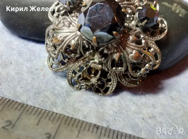 ШАРМАНТНА ФЛОРАЛНА СТАРИННА ПОСРЕБРЕНА МЕДНА АЖУРНА СКЪПОЦЕННА БРОШКА с ФАСЕТИРАН МАРКАЗИТ 48845, снимка 8 - Антикварни и старинни предмети - 48734046