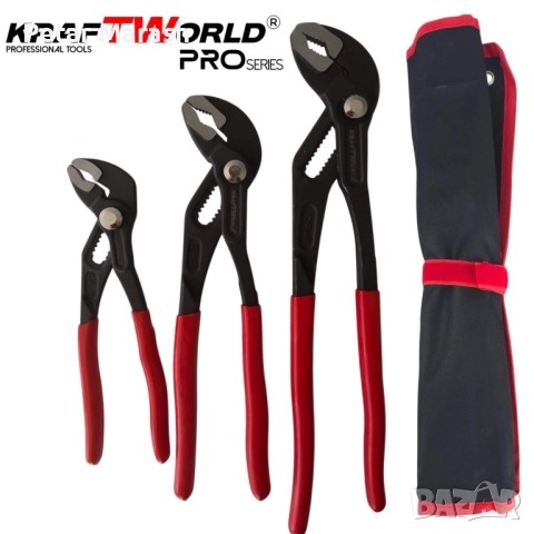 Комплект Водопроводни Клещи тип гарги Kraftworld pro – 3 части 175 мм, 250 мм, 300 мм с калъф