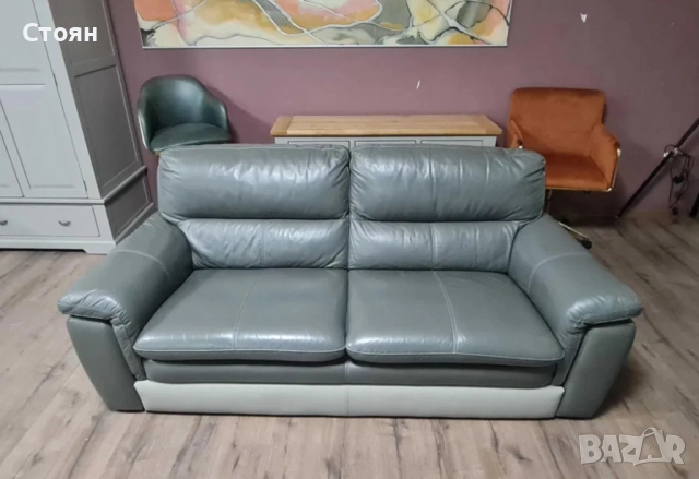 Сив кожен диван тройка, снимка 4 - Дивани и мека мебел - 51951655