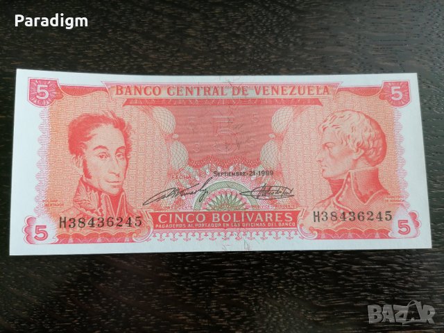 Банкнота - Венецуела - 5 боливара UNC | 1989г., снимка 1 - Нумизматика и бонистика - 27239516