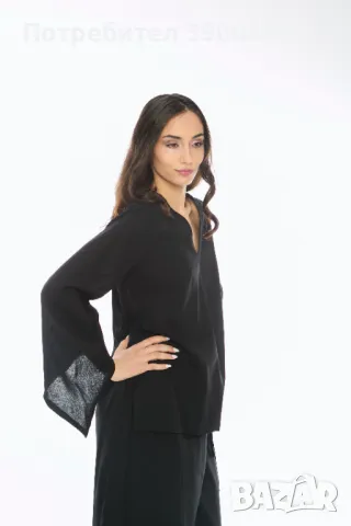 Дамска Ленена Блуза Asalia - Черна, снимка 2 - Ризи - 49723820