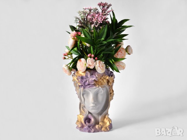 Кашпа с форма на женска глава / Лилава арт кашпа с лице / Бюст Арвен от Властелинът на пръстените, снимка 2 - Саксии и кашпи - 40521595