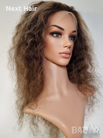 Естествена афро къдрава кафява перука с руси кичури с дантела 13х4, снимка 4 - Аксесоари за коса - 52024595
