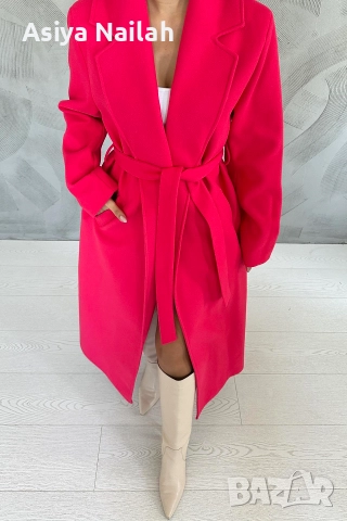 Дамско дълго палто с колан в цвят циклама – елегантен модел, снимка 3 - Палта, манта - 52792497