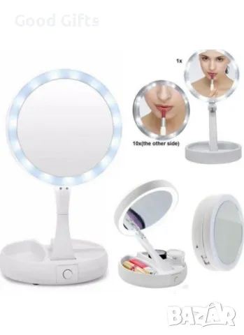 Двустранно сгъваемо LED огледало, Козметично, 10х увеличение 