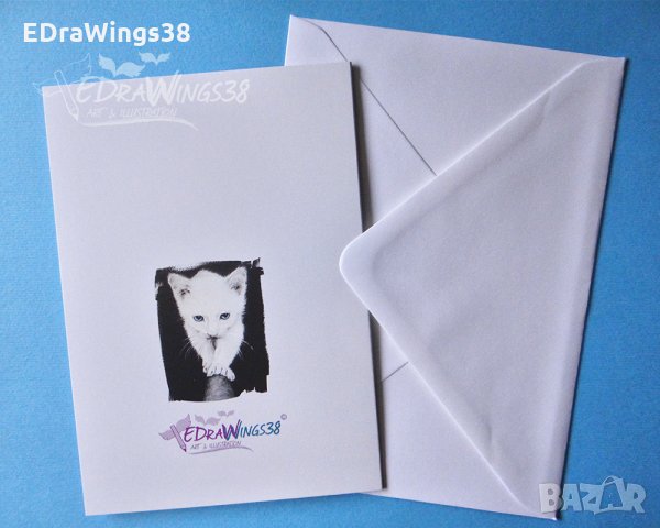 Картичка "Бяло коте" / котка, животни, принт, графика, снимка 3 - Други - 28337210