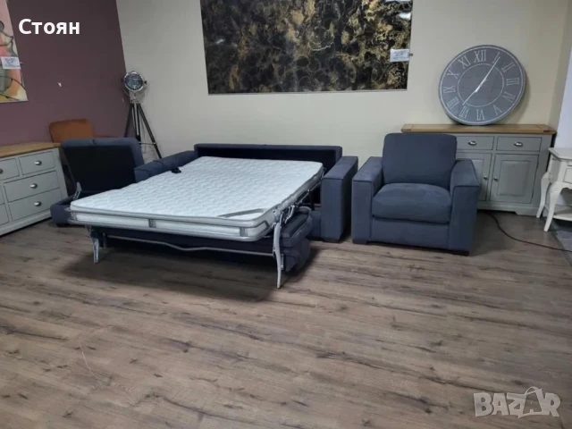 Сив комплект от плат диван тройка с функция сън, фотьойл и табуретка, снимка 2 - Дивани и мека мебел - 50886943