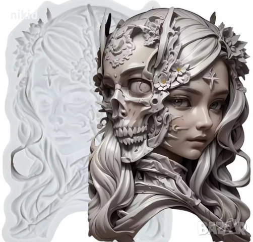 Женско лице скелет череп полу жена Хелоуин Halloween силиконов молд форма фондан шоколад декор