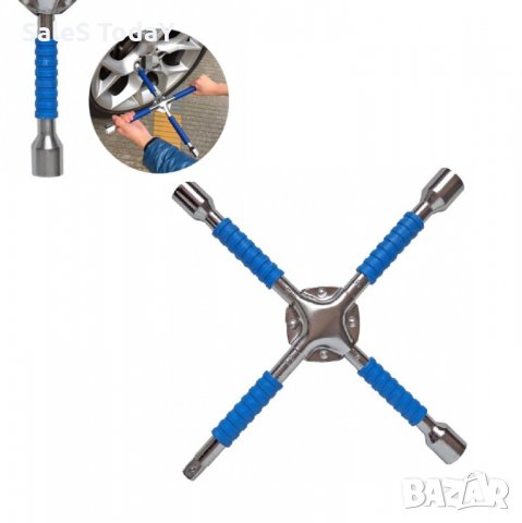 Ключ кръстачка за джанти, ключ за гуми, Стомана, Вложки, 17-21, 1/2 мм., 35см., син