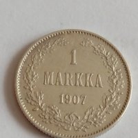 Рядка сребърна монета 1 MARKKA 1907 година Николай втори Русия - 19053, снимка 3 - Нумизматика и бонистика - 32716989