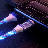 Универсален, светещ, троен кабел с накрайници за iPhone / TYPE C / microUSB, снимка 6 - USB кабели - 43897580