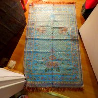 турско молитвено килимче, килимче за молитва за Намаз - светлосин фон с блестящи златни орнаменти, снимка 1 - Антикварни и старинни предмети - 38235686