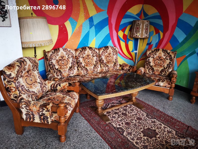 Диван тройка и два фотьойла от масивно дърво , снимка 1