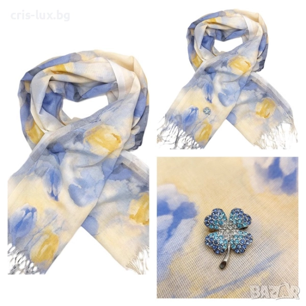 Луксозен шал и брошка детелина-Подаръчен комплект за жена-DKOM-01-06, снимка 1
