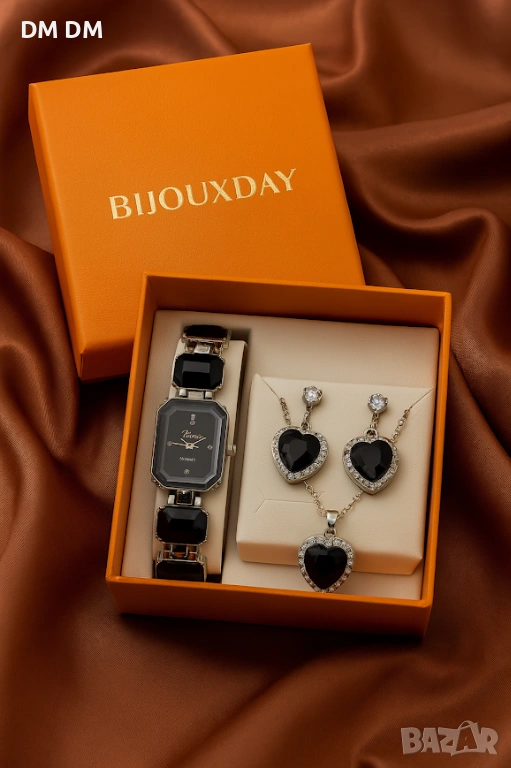 Black Heart Luxury Set🖤часовник, колие и обеци, снимка 1