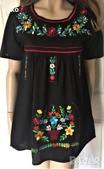 Черна блуза, Блуза с бродерия, Блуза на цветя, елегантна блуза, снимка 1