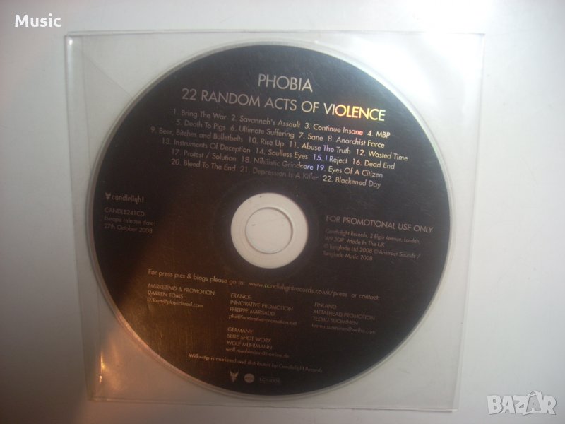  Phobia ‎– 22 Random Acts Of Violence - оригинален диск, снимка 1