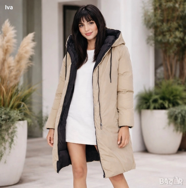 Двулицево зимно дълго яке – черно и бежово, снимка 1