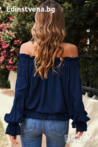 Дамска блуза в тъмносиньо с паднало ластично деколте, снимка 4 - Блузи с дълъг ръкав и пуловери - 43503332