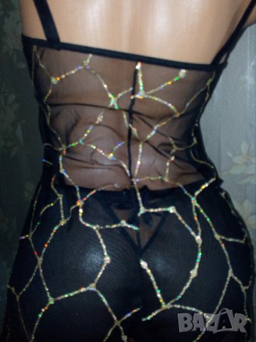 Секси черна нощничка с разноцветен брокат- С, снимка 1 - Бельо - 33298197