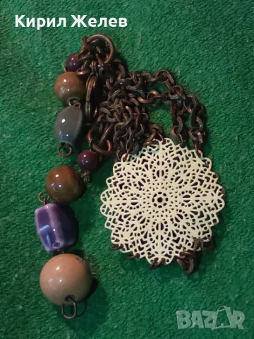 ФЛОРАЛНА ФИЛИГРАНЕН Тип МЕСИНГОВА ВИНТИДЖ ГРИВНА с ЦВЕТНА АРТ КЕРАМИКА 30523, снимка 12 - Гривни - 47298445