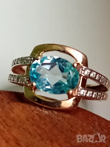 Руски златен пръстен с естествен топаз и фианити, снимка 4 - Пръстени - 49539818