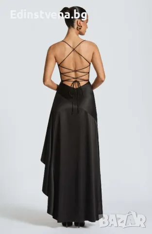 Дамска елегантна сатенена вечерна рокля с висока цепка и гръб с връзки в черно, снимка 4 - Рокли - 50419045