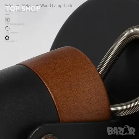 Нова Черна стенна лампа с дървена основа и издърпващ ключ, E14 база, снимка 4 - Лампи за стена - 49307246