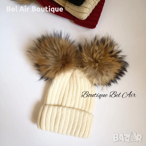 Зимна шапка с помпони от естествен косъм, зимни шапки, естествен пух, снимка 3 - Шапки - 52626026