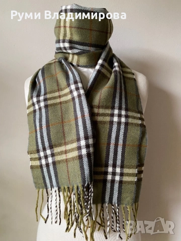 Тютюнево зелен, кариран шал от 100 % кашмир