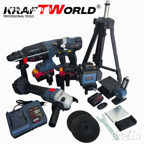 Акумулаторен комплект KraftWorld 5в1 – Лазерен Нивелир, Гайковерт – Винтоверт, Перфоратор, Ъглошлайф, снимка 2 - Винтоверти - 51051114