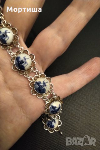  Блу Делфт антикварна сребърна гривна с порцелан    , снимка 2 - Гривни - 28789797