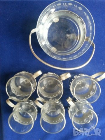 Немски чаши за чай/кафе с подстакани - 6 броя комплект със захарница, (Йена-глас) нови, неползвани