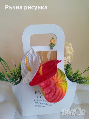 Налична-Картонена чанта с цветя Антуриум и декорация 15лв