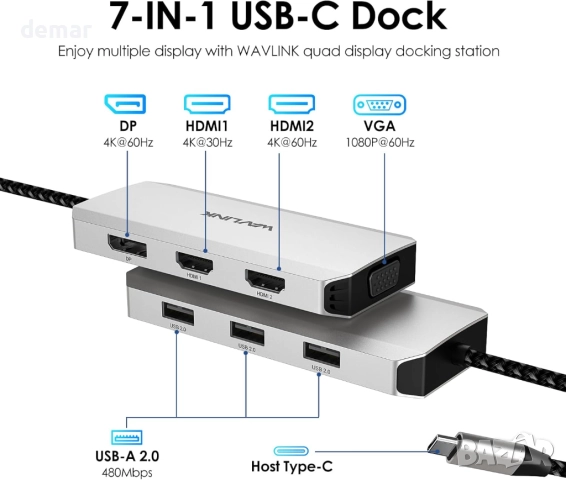 Докинг станция WAVLINK USB-C за четири монитора, два HDMI, DP, VGA и 3хUSB 2.0, снимка 2 - Кабели и адаптери - 52637114
