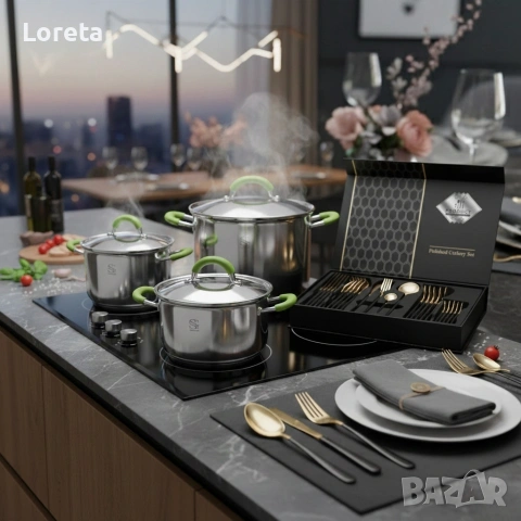 Комплект тенджери Swisgold Alana +  прибори за хранене от 24 части, снимка 6 - Съдове за готвене - 53276571