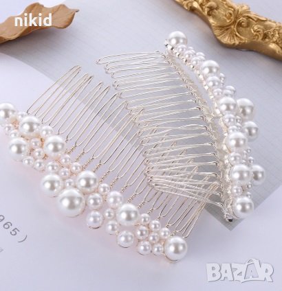 Клипс фиба тип ТИАРА с много перлички аксесоар за коса прическа сватба бал и др, снимка 2 - Аксесоари за коса - 27954186
