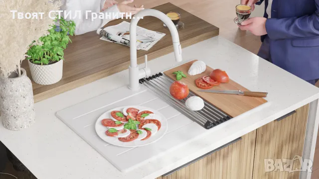 бяла кухненска мивка от гранит Копенхаген 780х500 Top 50, снимка 5 - Мивки - 47903875