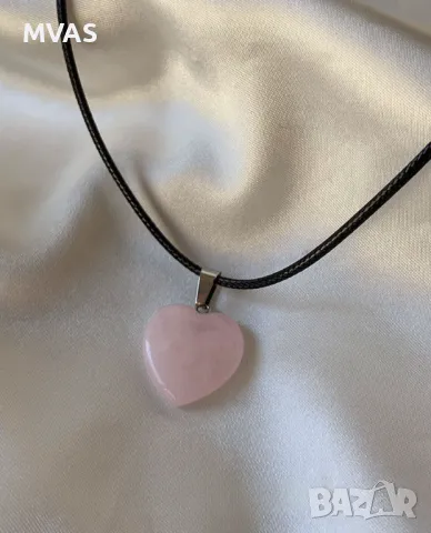 Ново Колие сърце Розов кварц с черна верижка 
