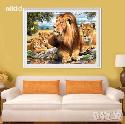 Лъвове семейство лъв 5D диамантен гоблен картина мозайка за направа по схема с камъчета, снимка 3 - Гоблени - 32691415