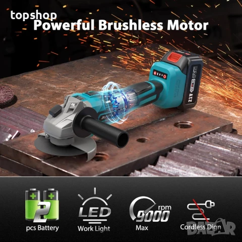 НОВ безжичен безчетков ъглошлайф Avhrit AG034 2X4.0AH батерии, 21V, 9000 об/мин, бързо зарядно ..., снимка 7 - Други инструменти - 50553488