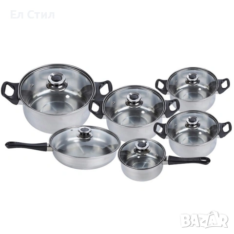 Комплект готварски съдове от инокс 12 части: 5 тенджери, тиган и стъклени капаци (16-24 см), снимка 8 - Прибори за хранене, готвене и сервиране - 53563536