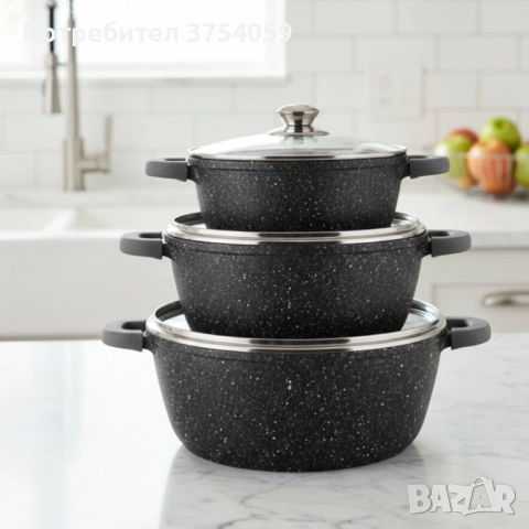 Комплект тенджери Cheffinger – 6 части с мраморно покритие, 20 / 24 / 28 см