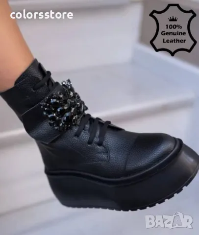 Боти на платформа - черна ЕСТЕСТВЕНА кожа - EK22