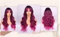 Омбре перука розово червена циклама с черни корени и бретон, снимка 2