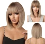 Пепеляво руса перука 35 см с тъмни корени и бретон, снимка 2