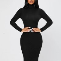 Черна рокля по тялото с поло-яка и дълъг ръкав ХС/С размер , снимка 1 - Рокли - 43706551