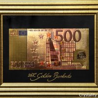 Златна банкнота 500 Евро (цветна) на черен фон в рамка под стъклено покритие - Реплика, снимка 1 - Картини - 28578461