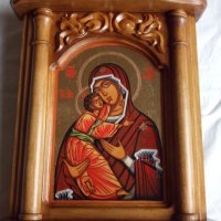 Дърворезба-домашен иконостас с иконопис "Богородица с младенеца", снимка 2 - Други - 22001601